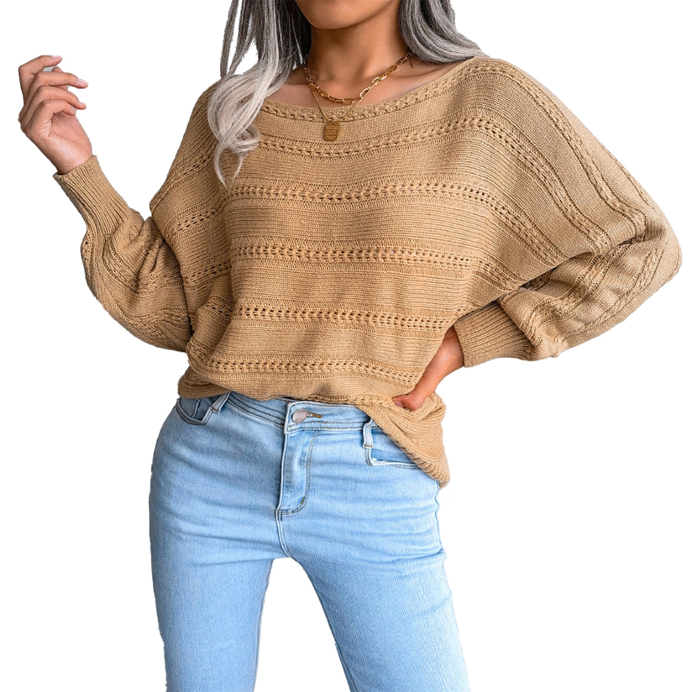 Twist Knit Off Shoulder Sweater Long Sleeve Cutout Round Neck Oversized Pullover Sweater for Dating Khaki S