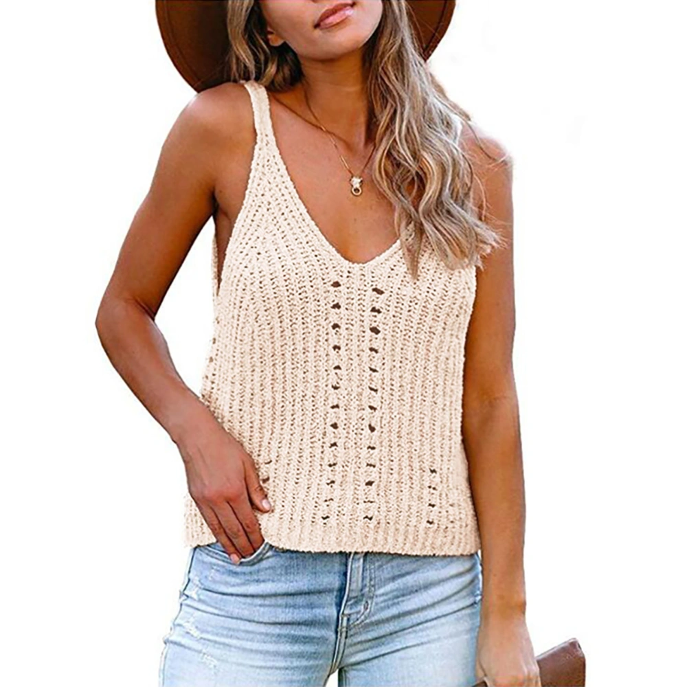 Women Pullover Shirt Sleeveless V Neck Knitted Hollow Out Breathable Pure Color Sweater for Lady Apricot M