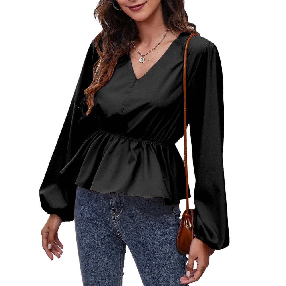 Blouse V Neck Puff Long Sleeve Waist Slimming Pure Color Fashionable Tops for Women Black L