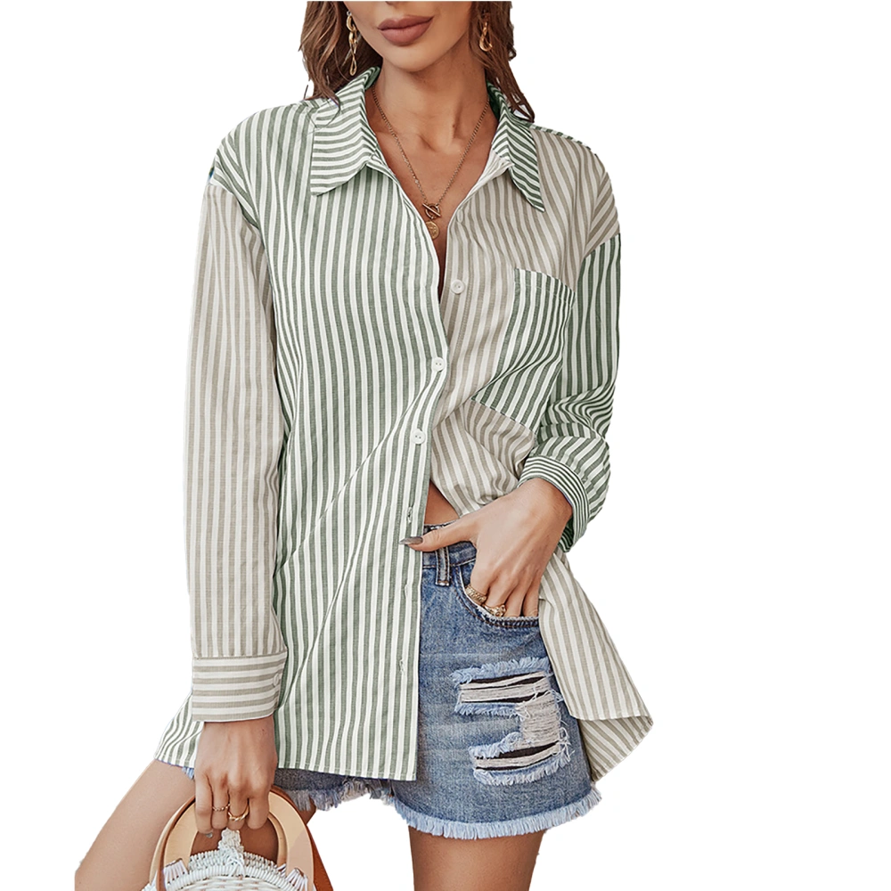 Women Long Sleeve Lapel Shirt Striped Single Breasted Shirt Casual Blouse Top for Daily and Work Green L