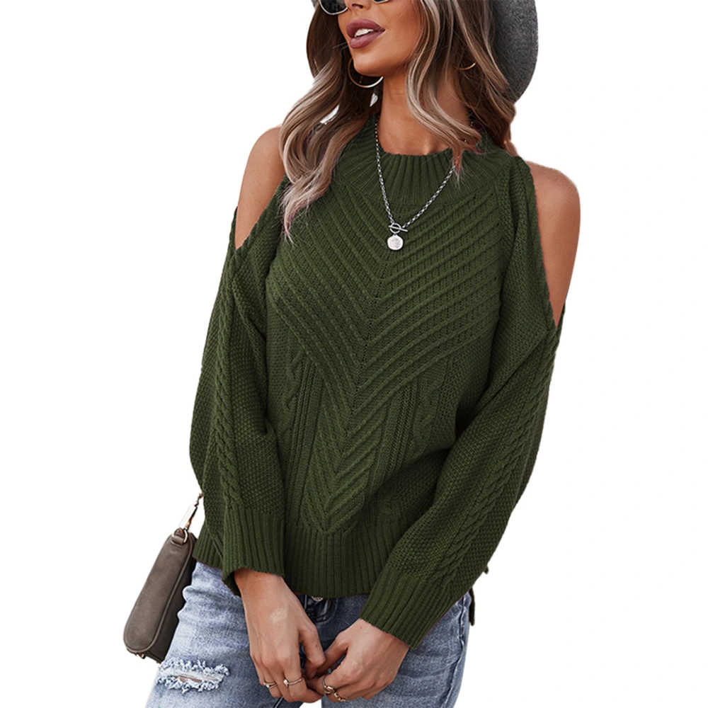 Women Sweater Long Sleeve Knitwear Round Neck Knitted Top Off Shoulder for Autumn OD Green M