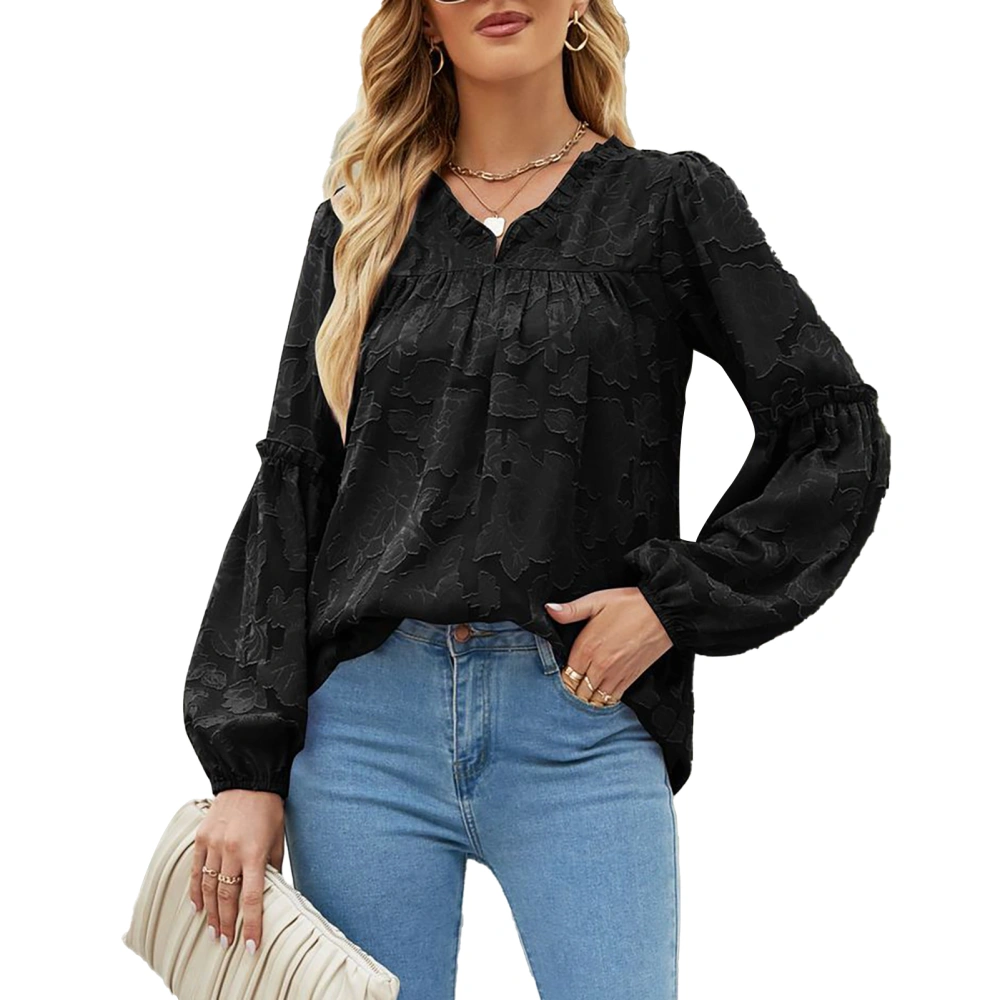 Blouse V Neck Puff Long Sleeve Print Texture Pure Color Fashionable Casual Tops for Women Black XL