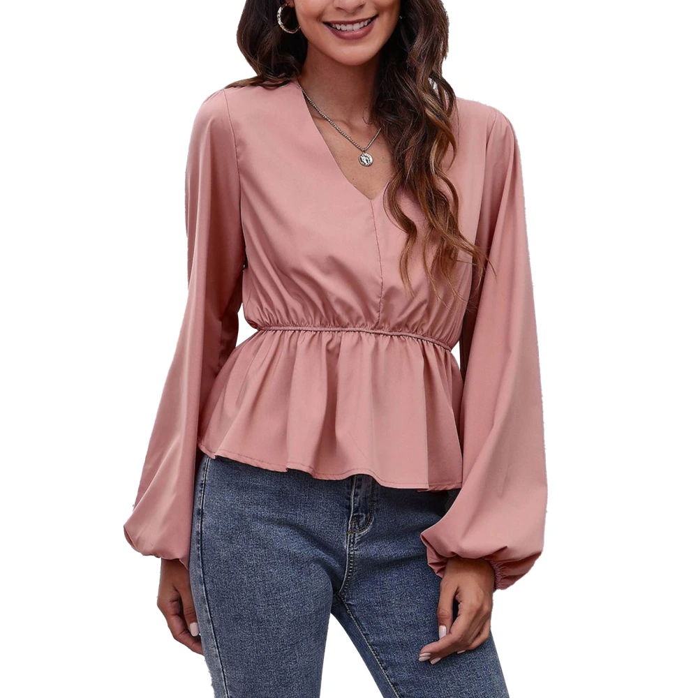 Blouse V Neck Puff Long Sleeve Waist Slimming Pure Color Fashionable Tops for Women Pink XL