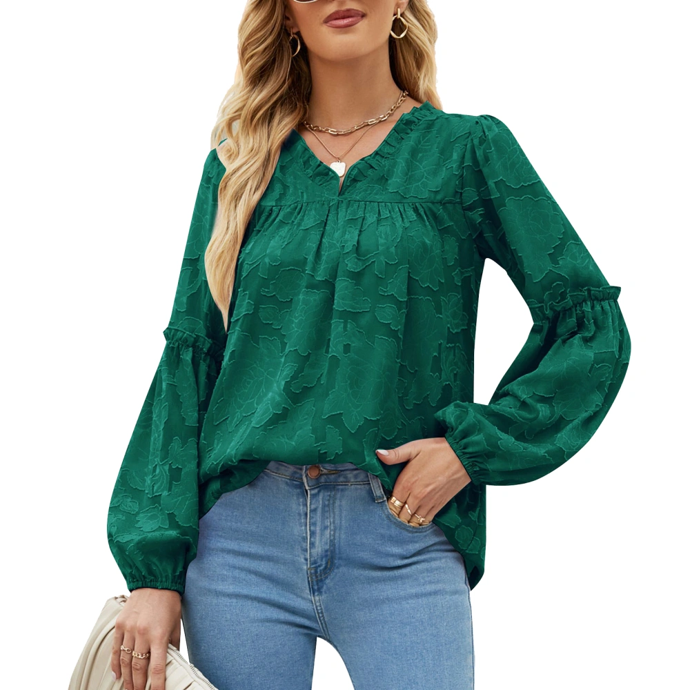 Blouse V Neck Puff Long Sleeve Print Texture Pure Color Fashionable Casual Tops for Women Dark Green S