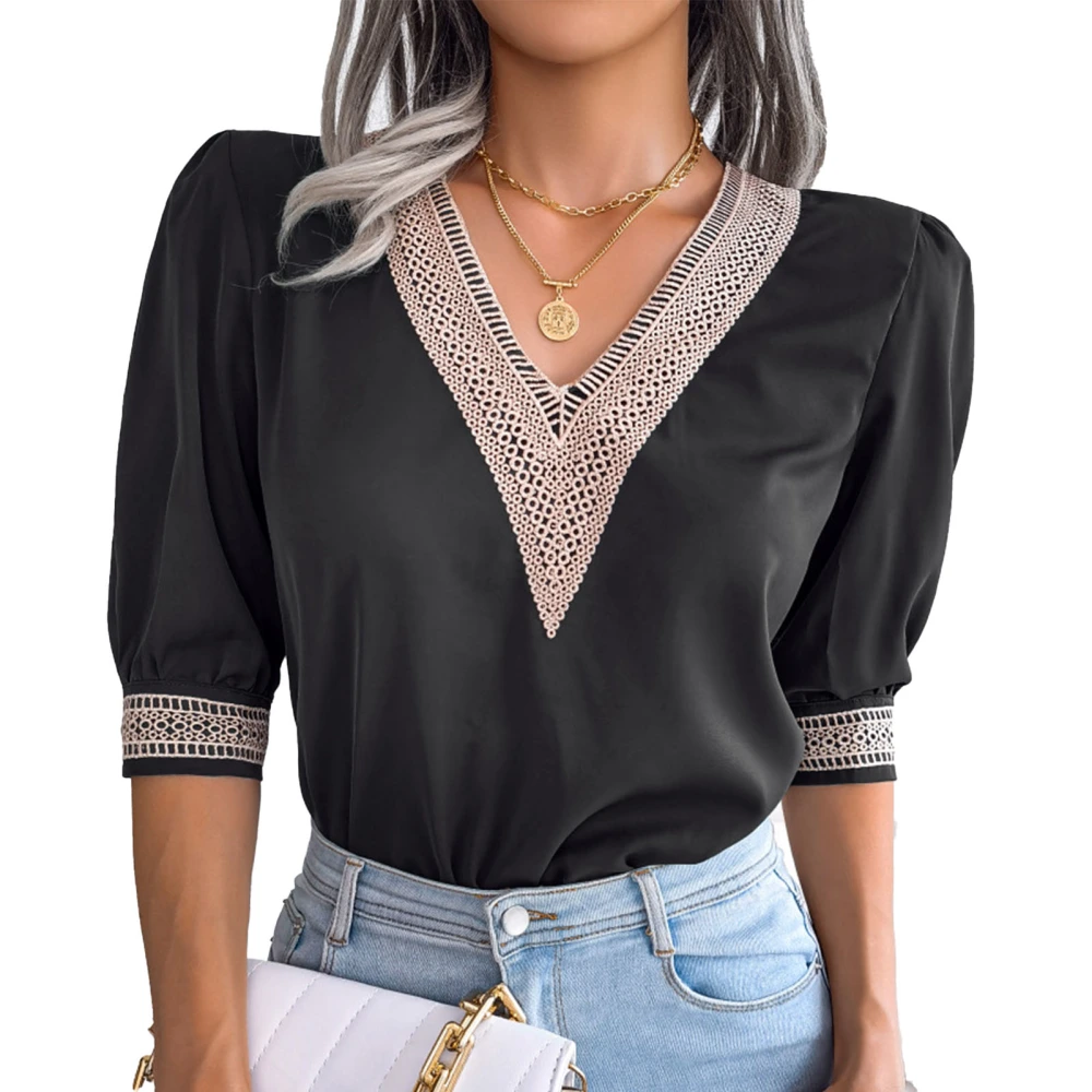 Women V Neck Chiffon Blouse Fashionable Lace Hollow Out Patchwork Spring Summer Early Fall Women Half Sleeve Shirts Black M