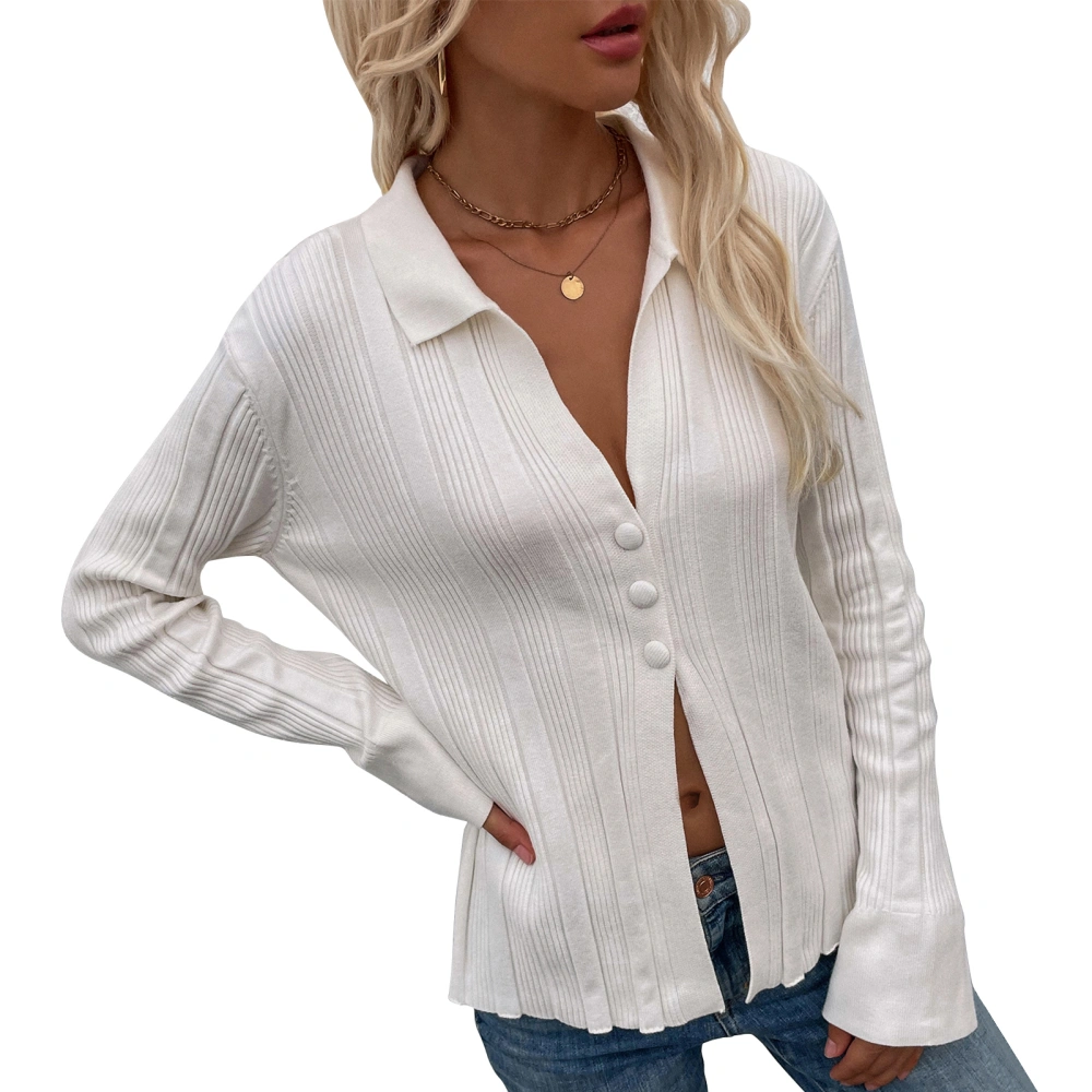 V Neck Rib Knit Cardigan Women Pure Color Long Sleeve Turn Down Collar Button Cardigan Sweater for Work White M