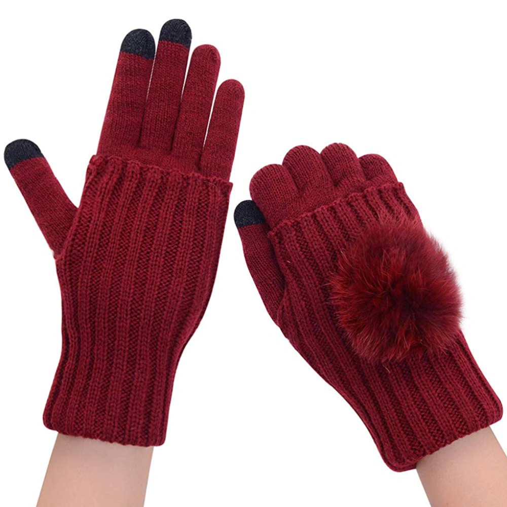 1 Pair Women Pompom Knitted Gloves Winter Warm Detachable Touch Screen Gloves