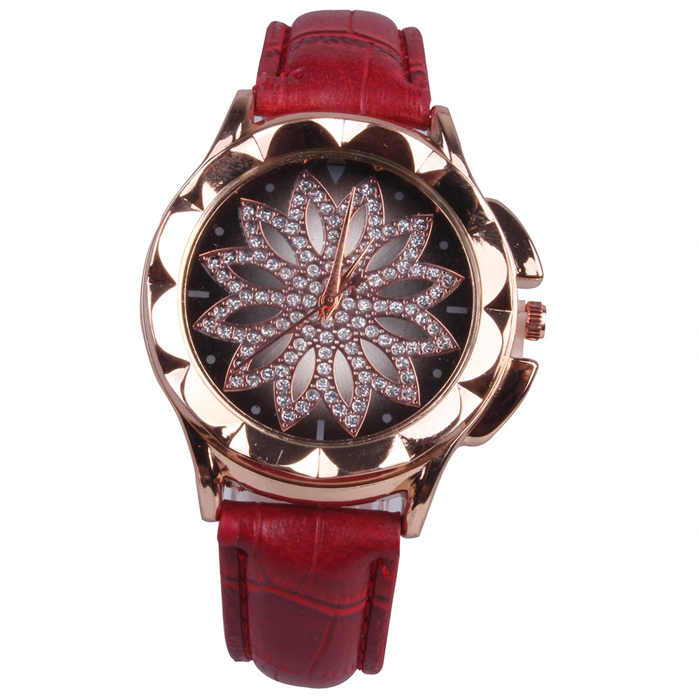 Luxury Rhinestone Inlaid Flower Shaped Women Wrist Watch Leather Strap Quartz Watch