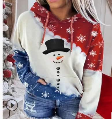 Hooded Sweatshirt Casual Loose Long Sleeve Sweatshirt Snowman Printed Pullover Hoodies for Daily Life