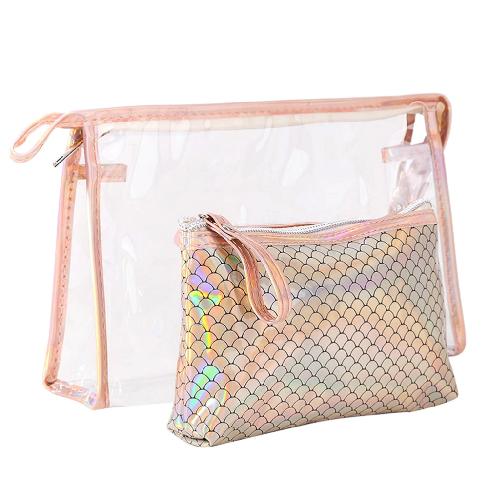 2 in 1 Clear Mermaid Fish Scale Makeup Bag Travel Cosmetic Pouch Pen Case Toiletry Wash Bag