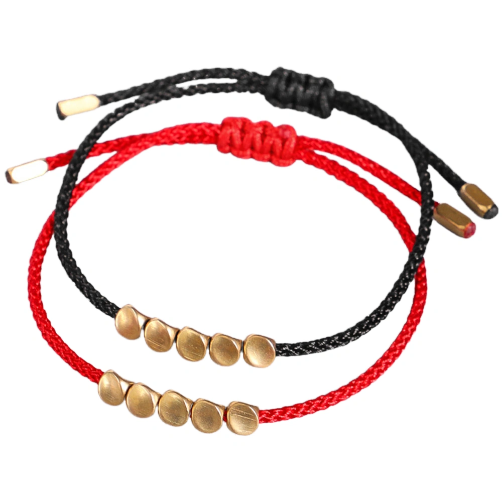 2Pcs Tibetan Copper Beads Bracelet Adjustable Handmade Buddhist Lucky Knot Red+Black Cord Bracelet for Women Men