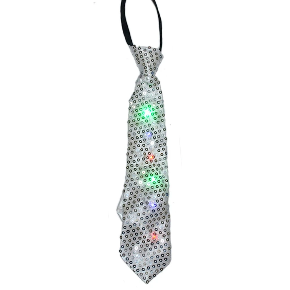 Colorful LED Sparkly Elasticated Glitter Sequins Light Up Necktie Blinking Flash Tie Party Show Favor Stage Performance Event Decoration