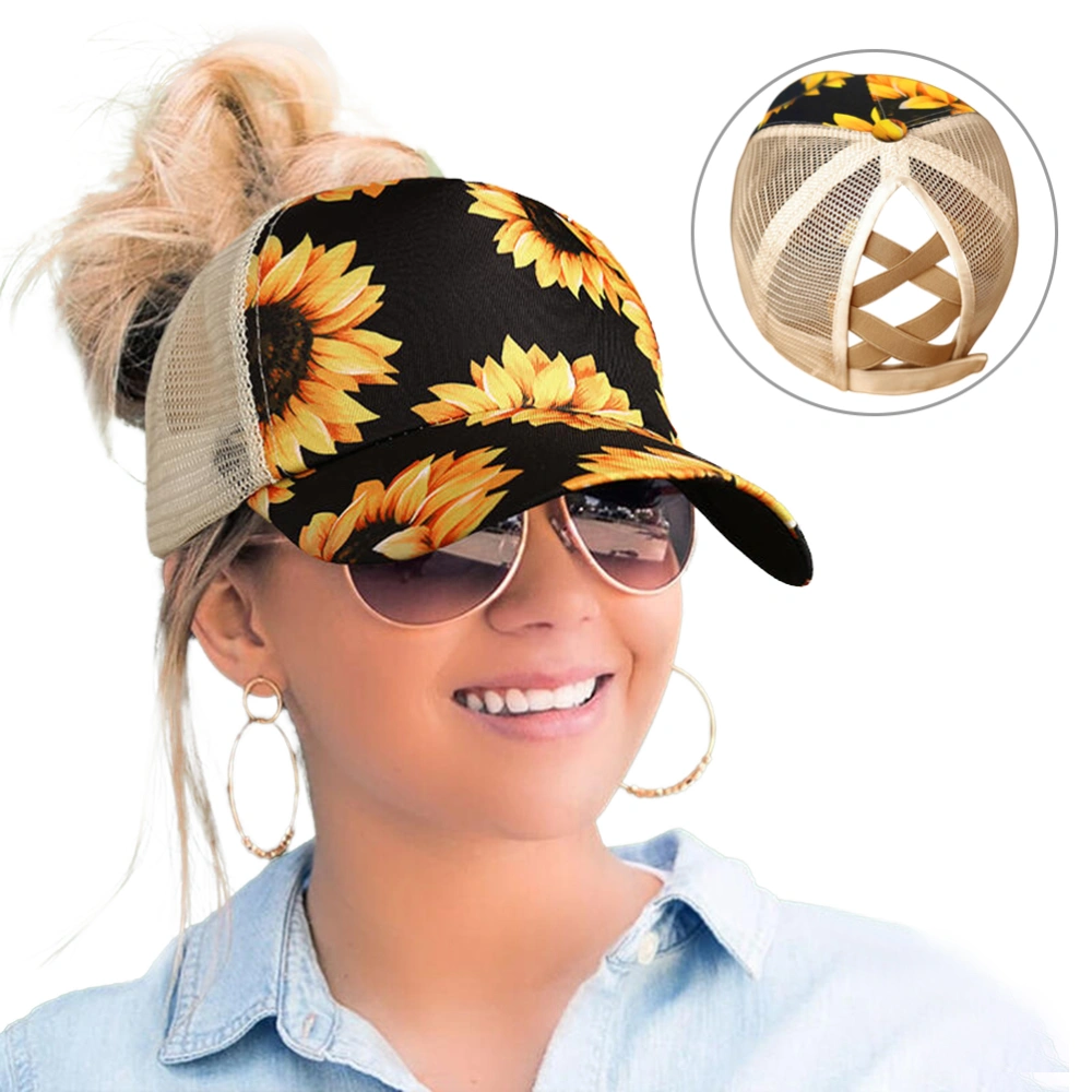 Women Sunflower Baseball Hat Mesh Criss Cross Hallow Out Baseball Hat High Messy Buns Ponys