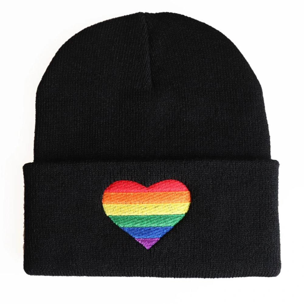 Unisex Rainbow Heart Embroidered Knit Beanie Love Knitted Hat Hip Hop Bonnet