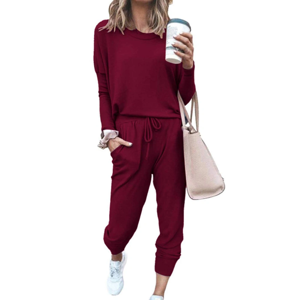 Women 2 Piece Outfit Loose Stretchy Stylish Long Sleeve Pullover Trouser Autumn Loungewear Pajamas Set Wine Red M