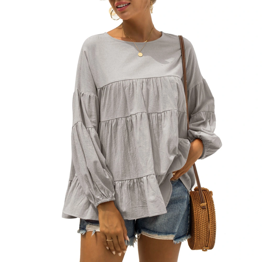 Womens Long Sleeve Top Autumn Womens Round Neck Lantern Sleeves Long Sleeves Loose Casual Pure Color Top Grey L