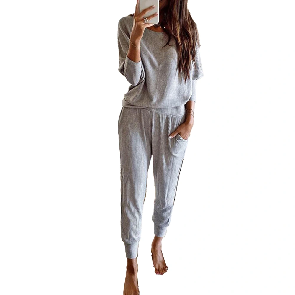 Women Long Sleeve Suit Round Neck Loose Homewear Suit Casual Outfit for Indoor and Outdoor Grey XL