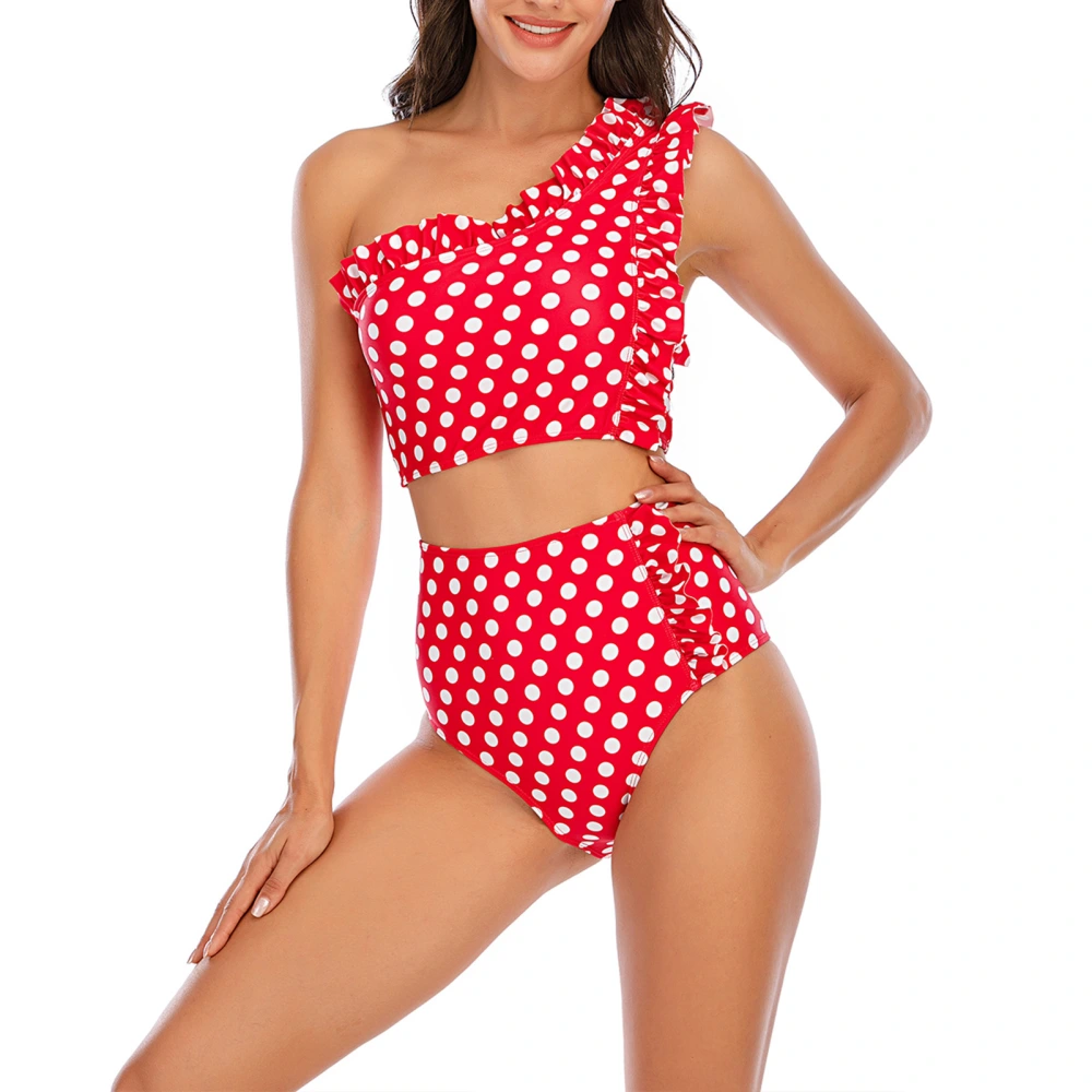 Women One Shoulder Tankini High Waist Swimsuits Ruffled Swimsuit Tank Top Bikini Bottoms Set Red Polka Dots L