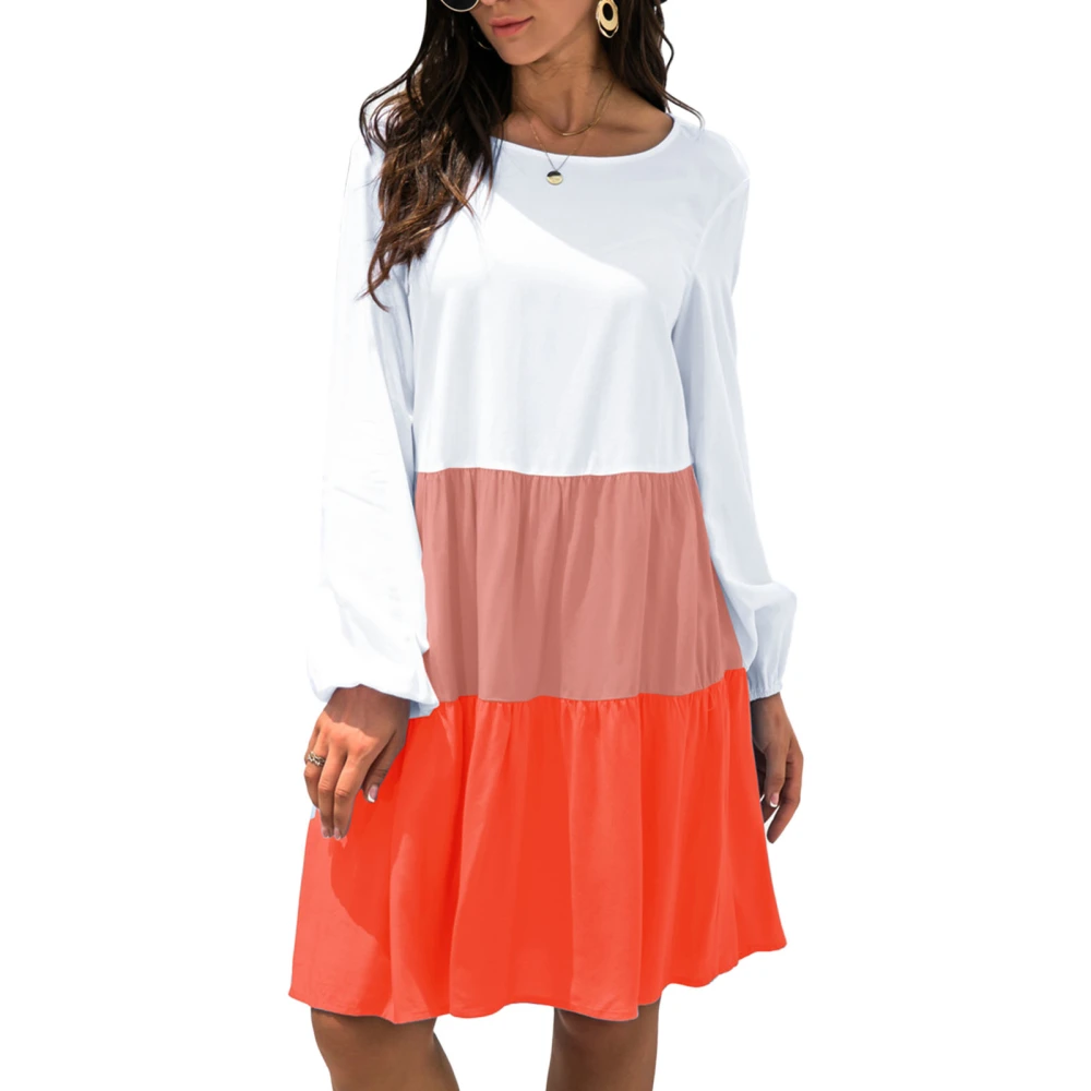 Woman Long Sleeved Dress Color Block Round Neck Flowy Tiered Loose Fit Flowy Pleated Swing Dress Orange M