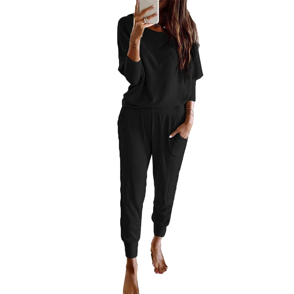 Women Long Sleeve Suit Round Neck Loose Homewear Suit Casual Outfit for Indoor and Outdoor Black M