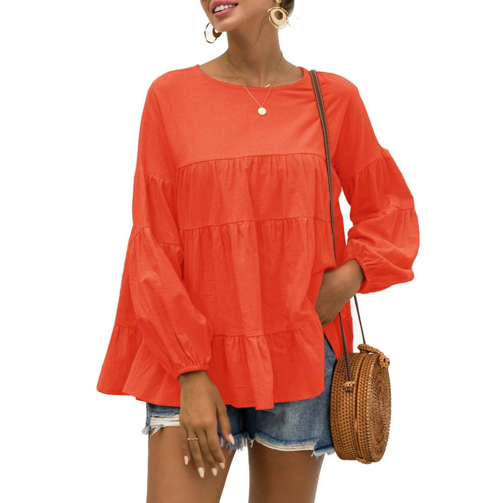 Womens Long Sleeve Top Autumn Womens Round Neck Lantern Sleeves Long Sleeves Loose Casual Pure Color Top Orange M