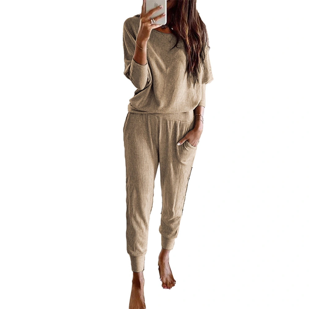 Women Long Sleeve Suit Round Neck Loose Homewear Suit Casual Outfit for Indoor and Outdoor Khaki XXL