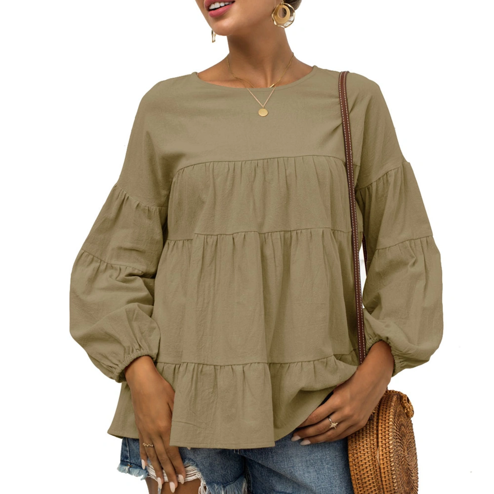 Womens Long Sleeve Top Autumn Womens Round Neck Lantern Sleeves Long Sleeves Loose Casual Pure Color Top ArmyGreen L