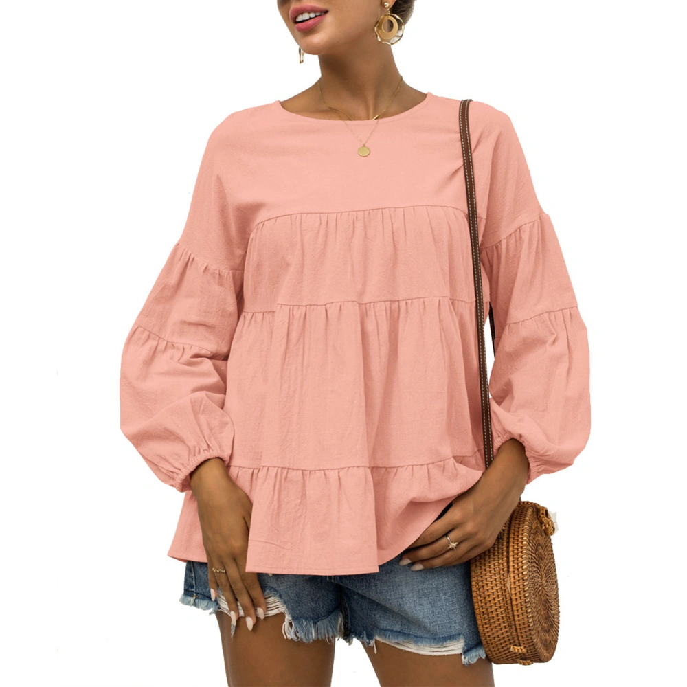 Womens Long Sleeve Top Autumn Womens Round Neck Lantern Sleeves Long Sleeves Loose Casual Pure Color Top Pink XXL