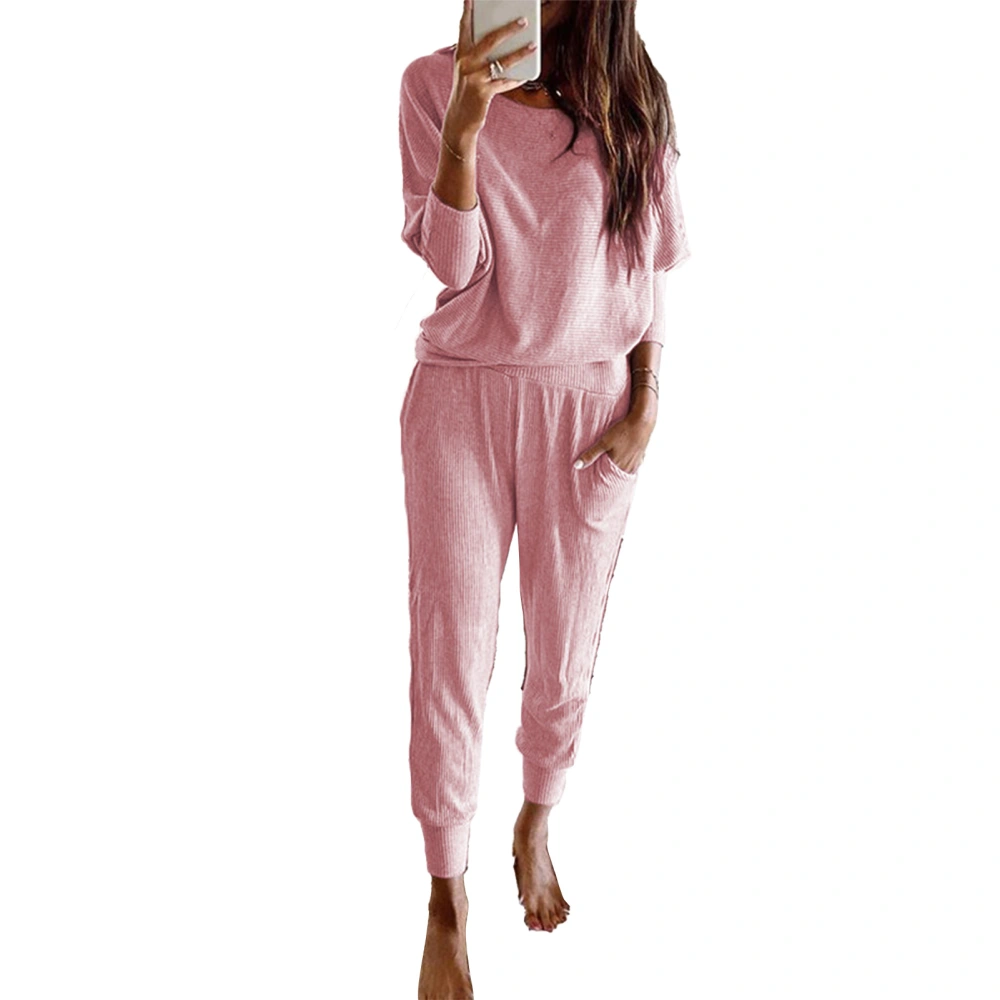 Women Long Sleeve Suit Round Neck Loose Homewear Suit Casual Outfit for Indoor and Outdoor Pink XL