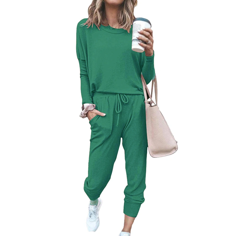 Women 2 Piece Outfit Loose Stretchy Stylish Long Sleeve Pullover Trouser Autumn Loungewear Pajamas Set Green S