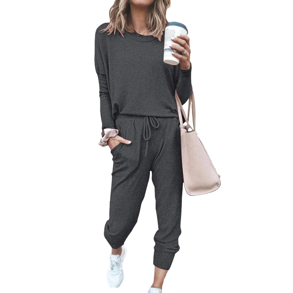 Women 2 Piece Outfit Loose Stretchy Stylish Long Sleeve Pullover Trouser Autumn Loungewear Pajamas Set Dark Gray M