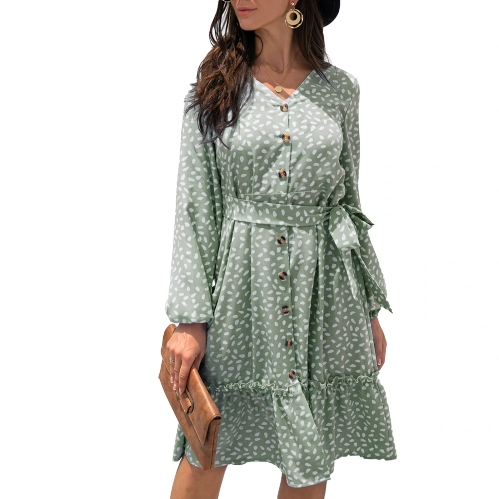 Woman Dress V Neckline Long Puff Sleeve High Waist Polka Dot Printing Fashionable Casual Female Dress Green M