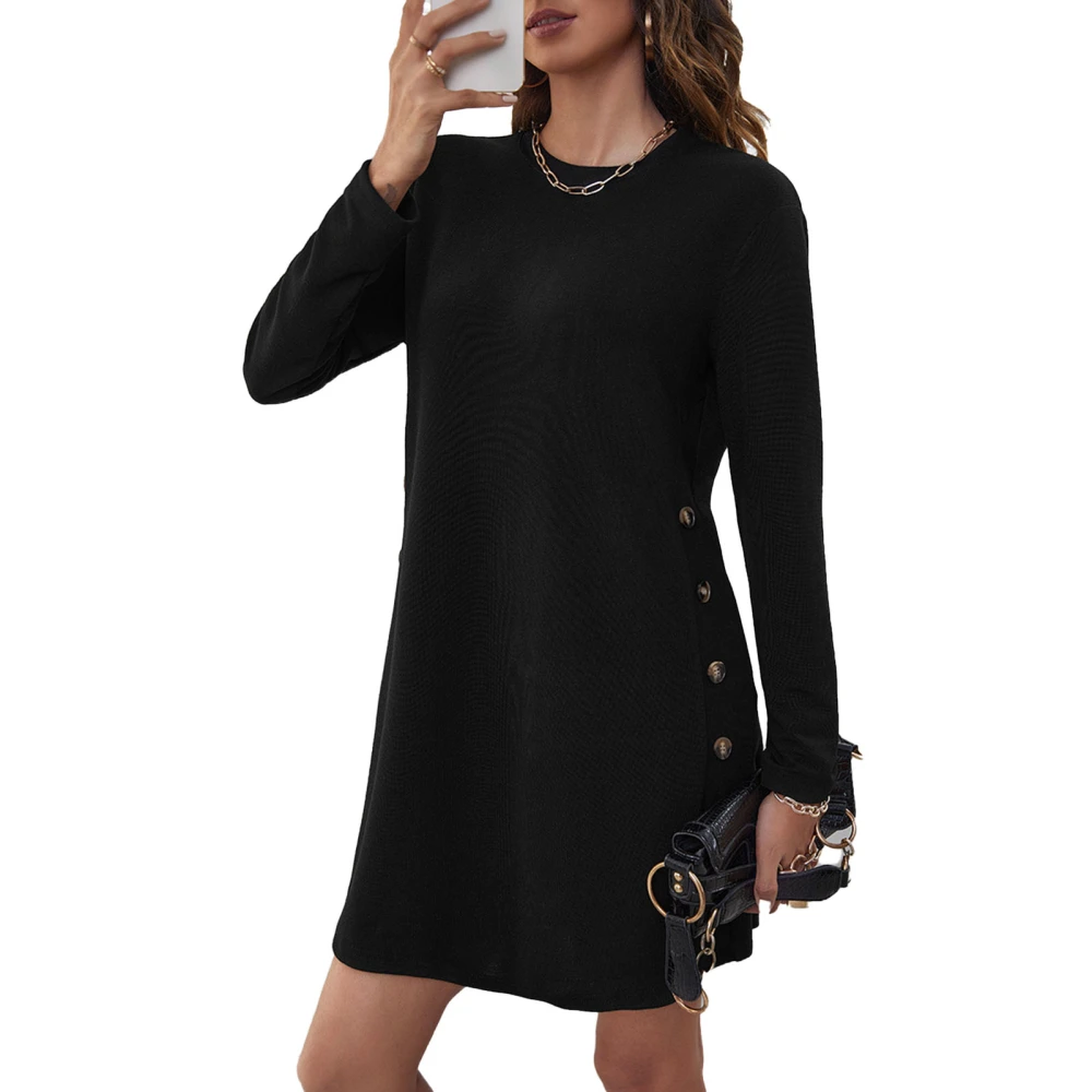 Women Dress Midi One Piece Round Neck Long Sleeve Pure Color Loose Straight for Home Office Black 2XL