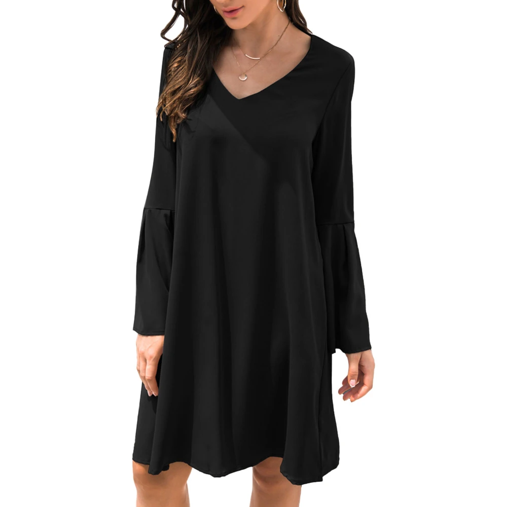 Bell Sleeve Dress V Neck Bell Long Sleeves Simple Stylish Comfortable Loose Casual Dress for Daily Life Black S