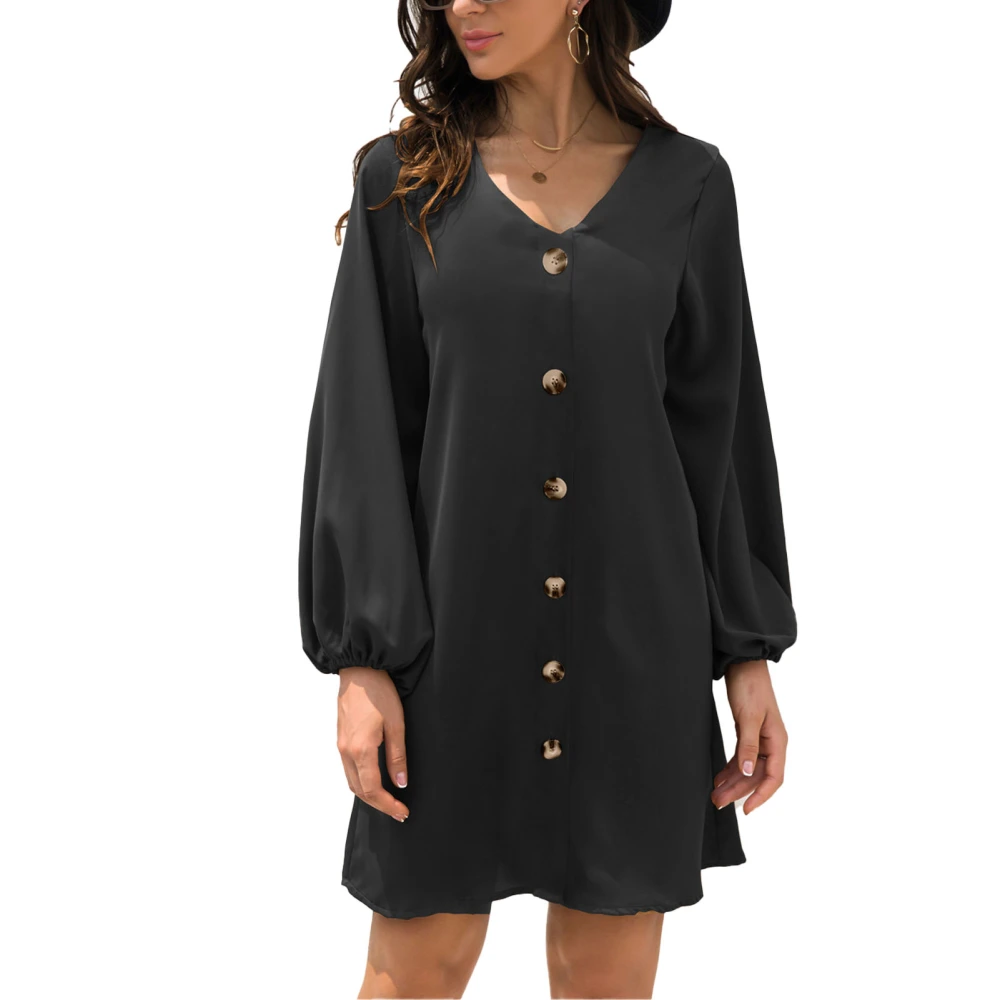 Women Long Lantern Sleeve Dress V Neck Button Down Casual Loose A Line Short Dress for Summer Black M