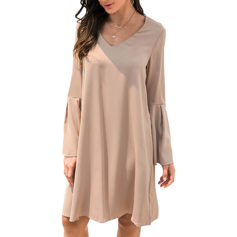 Bell Sleeve Dress V Neck Bell Long Sleeves Simple Stylish Comfortable Loose Casual Dress for Daily Life Khaki S