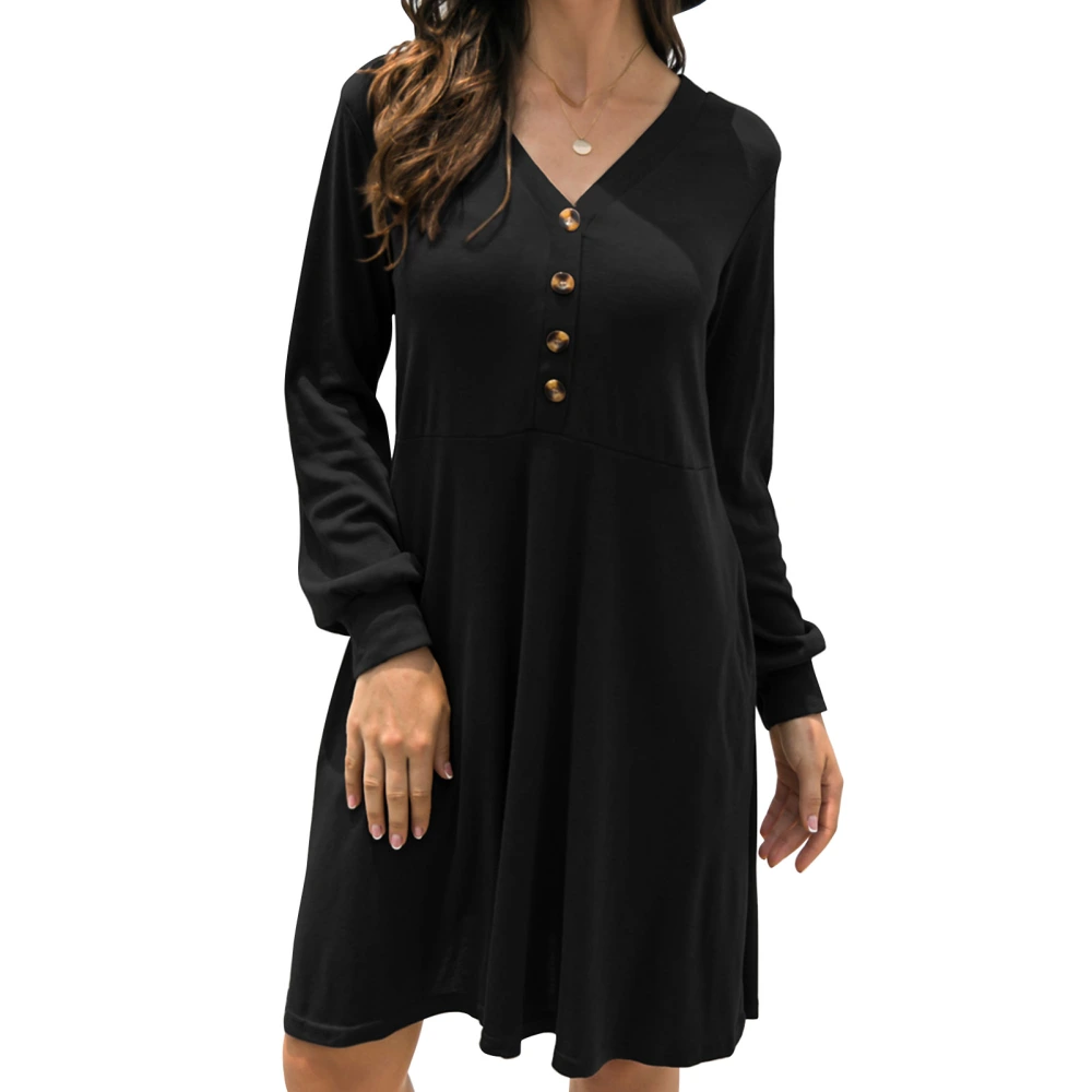 Women Loose Dress Button Front V Neck High Waist Long Lantern Sleeve Casual Fall Dress Black L