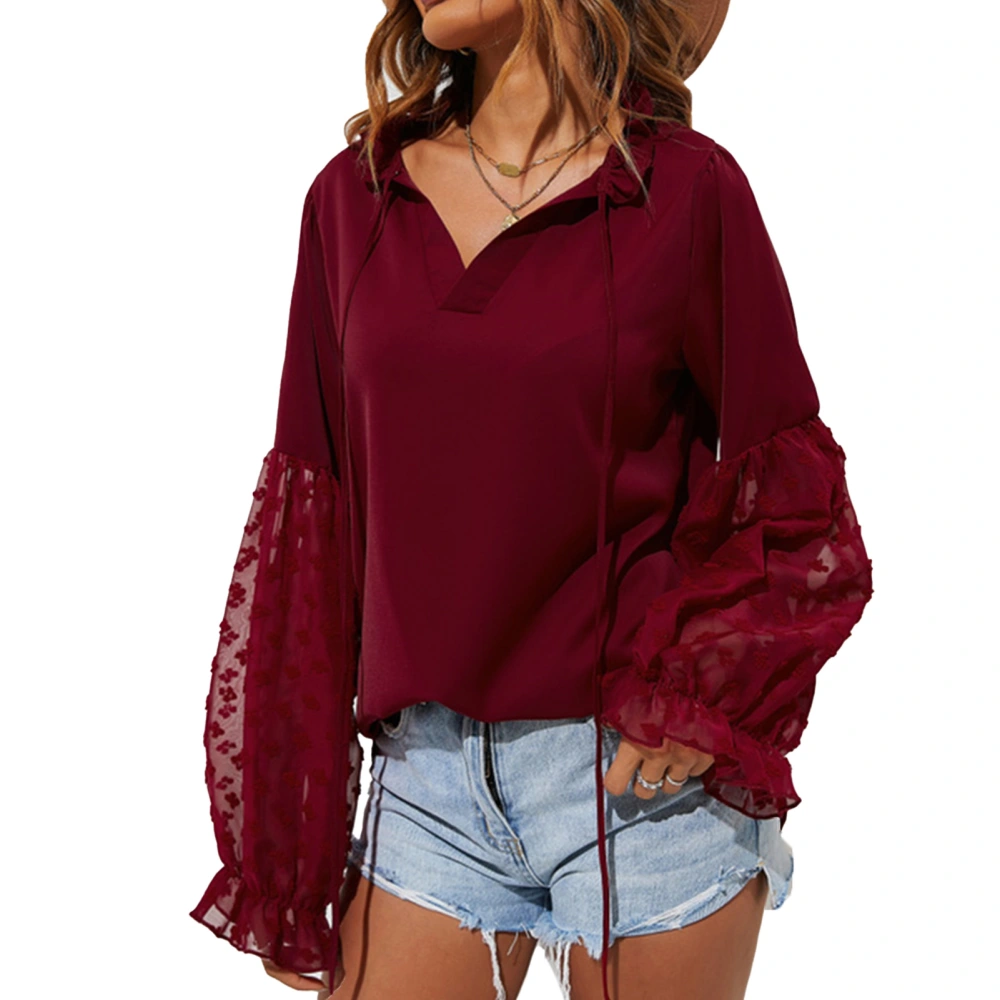 Shirt Long Sleeved Splicing V Neck Frill Trim Solid Color Comfortable Women Shirt Wine Red S