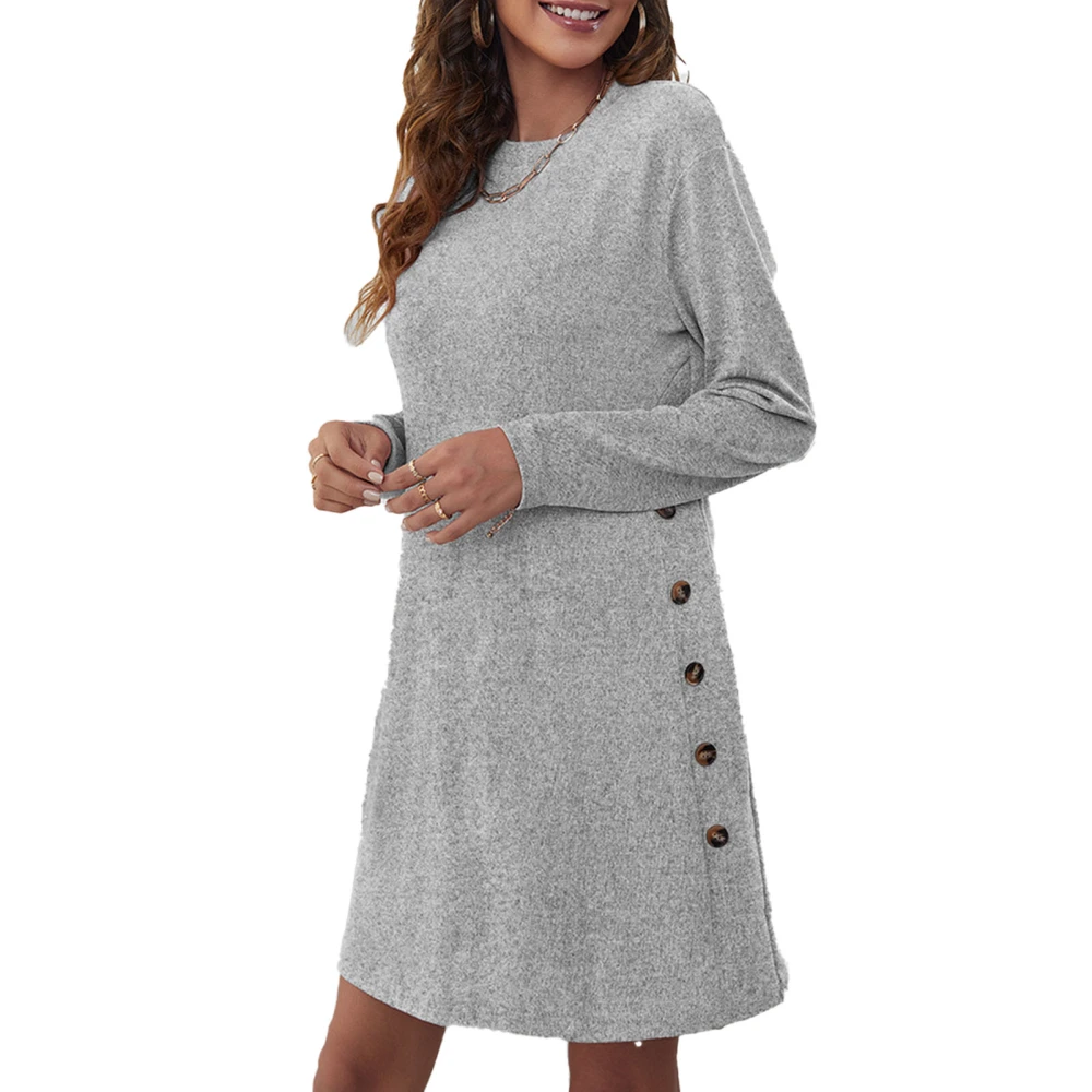 Women Dress Midi One Piece Round Neck Long Sleeve Pure Color Loose Straight for Home Office Grey L