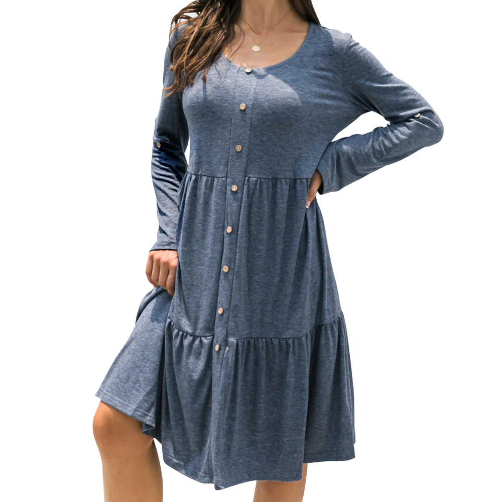 Long Sleeves Dress Crew Neck Loose Hem Single Breasted Polyester Fiber Pure Color Dress Women Casual Dress for Daily Life Grey Blue XL