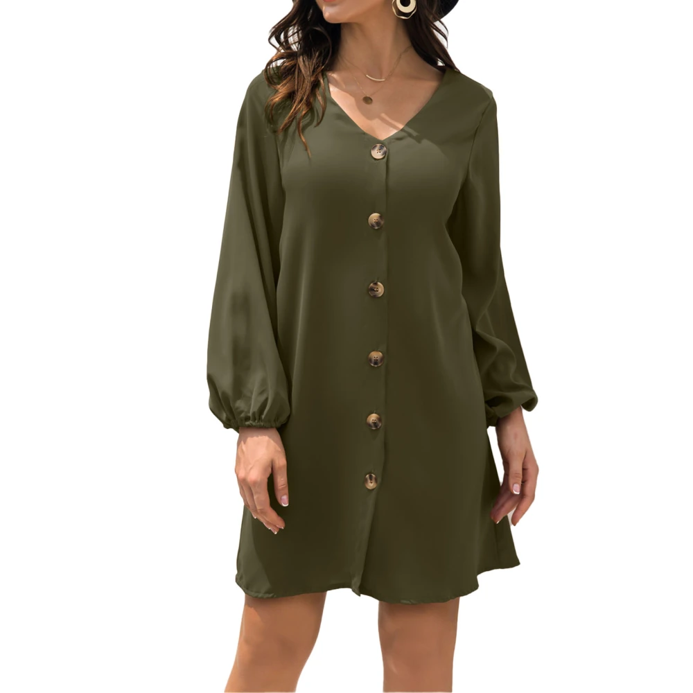 Women Long Lantern Sleeve Dress V Neck Button Down Casual Loose A Line Short Dress for Summer OD Green XL