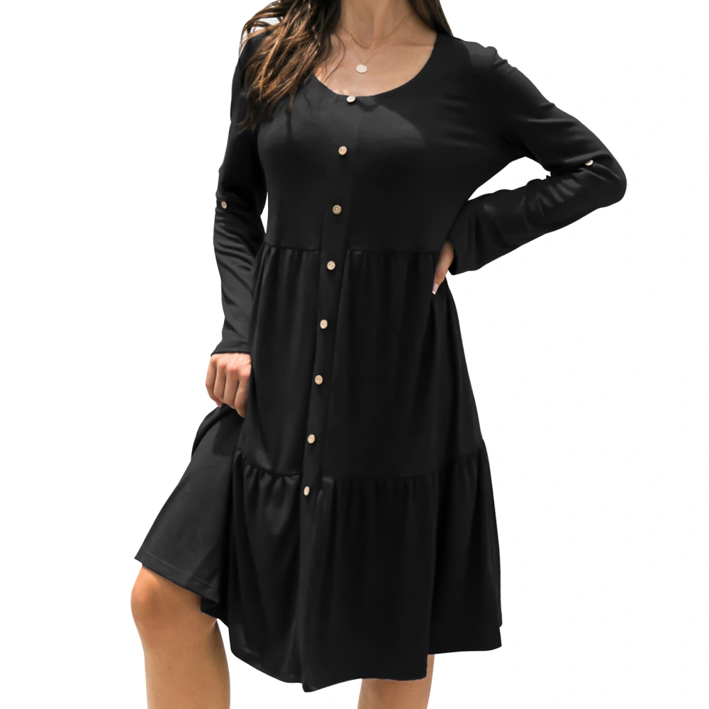 Long Sleeves Dress Crew Neck Loose Hem Single Breasted Polyester Fiber Pure Color Dress Women Casual Dress for Daily Life Black M