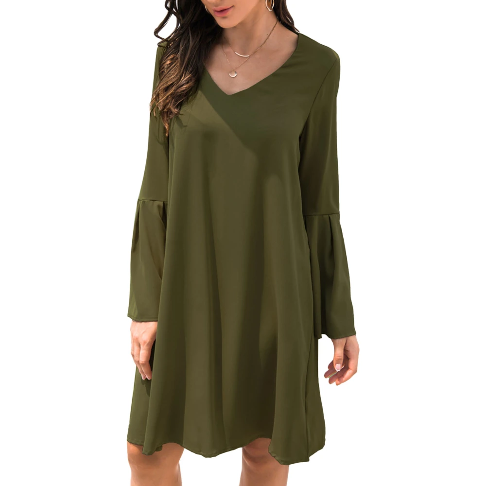 Bell Sleeve Dress V Neck Bell Long Sleeves Simple Stylish Comfortable Loose Casual Dress for Daily Life Green M