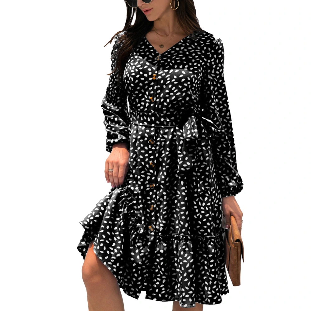 Woman Dress V Neckline Long Puff Sleeve High Waist Polka Dot Printing Fashionable Casual Female Dress Black S