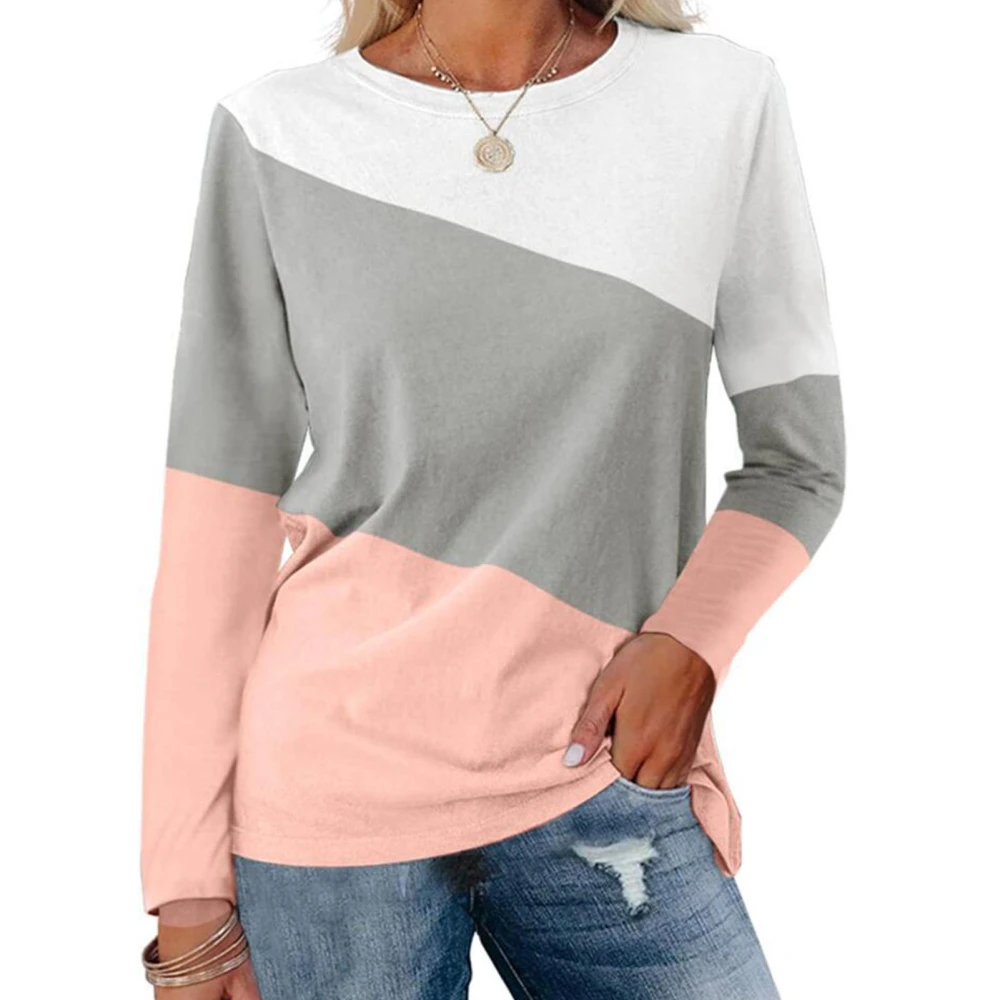 Sweatshirt Long Sleeves 3 Color Splicing Round Neck Casual Cute Pullover Hoodie for Spring Autumn Winter White Grey Pink L