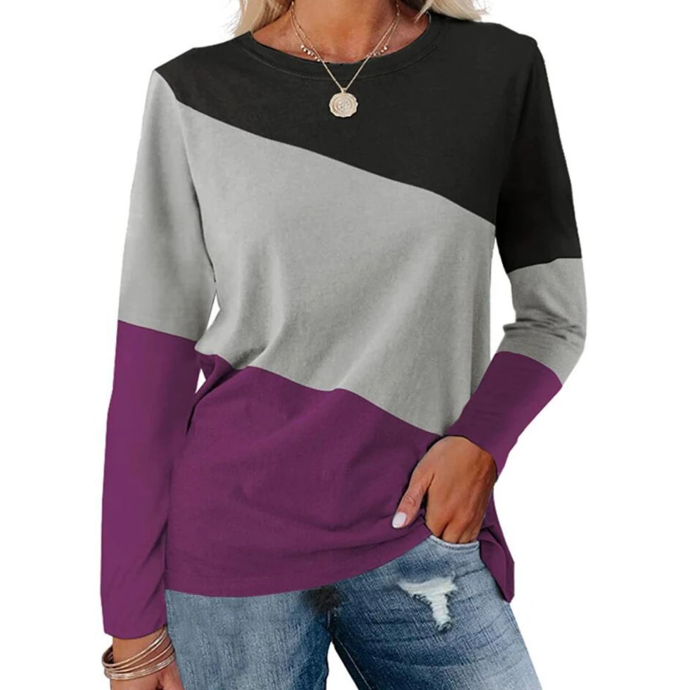 Sweatshirt Long Sleeves 3 Color Splicing Round Neck Casual Cute Pullover Hoodie for Spring Autumn Winter Black Grey Purple M