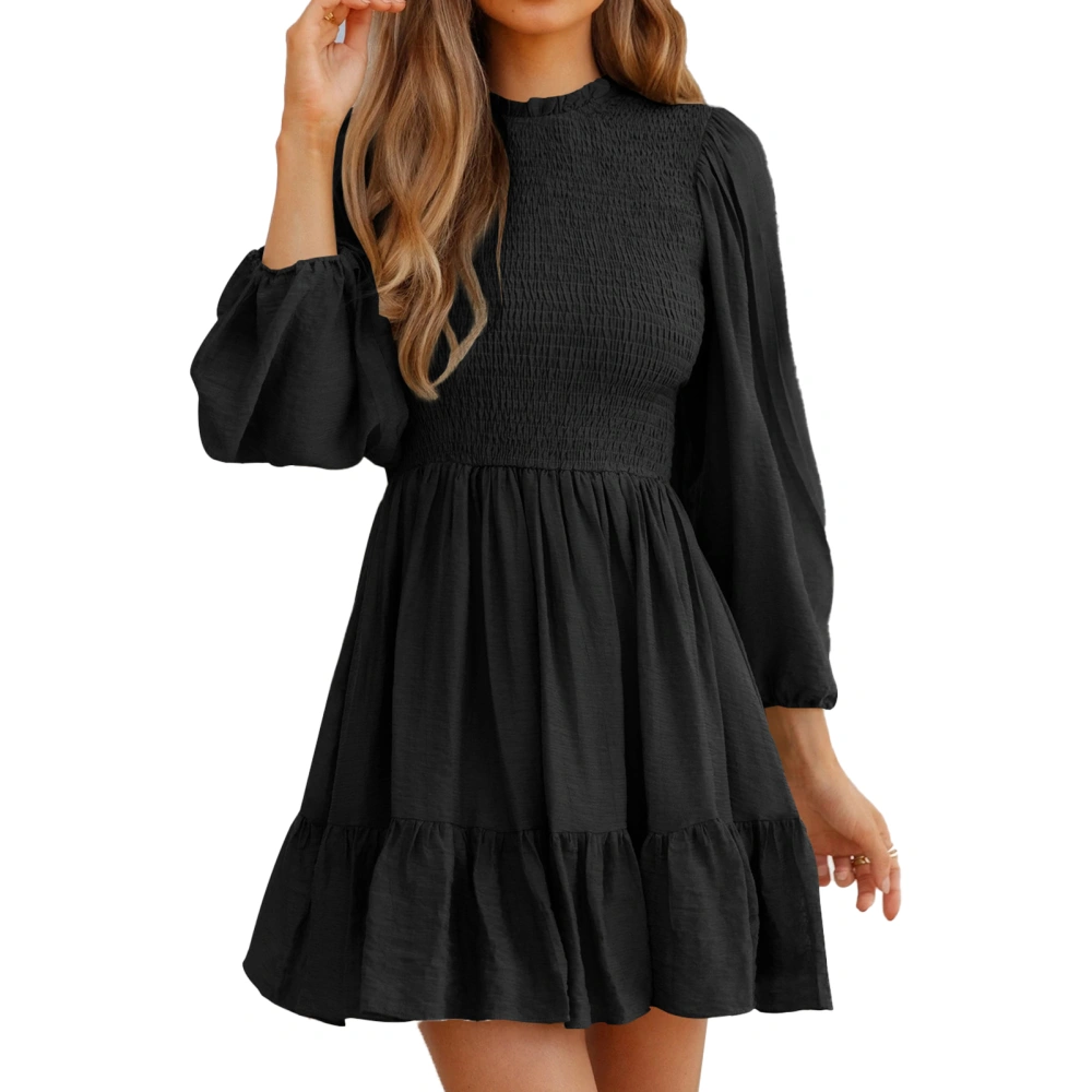 Women Round Lace Neck Dress with Elastic Waist Lantern Long Sleeve Dress for Spring and Autumn Black M