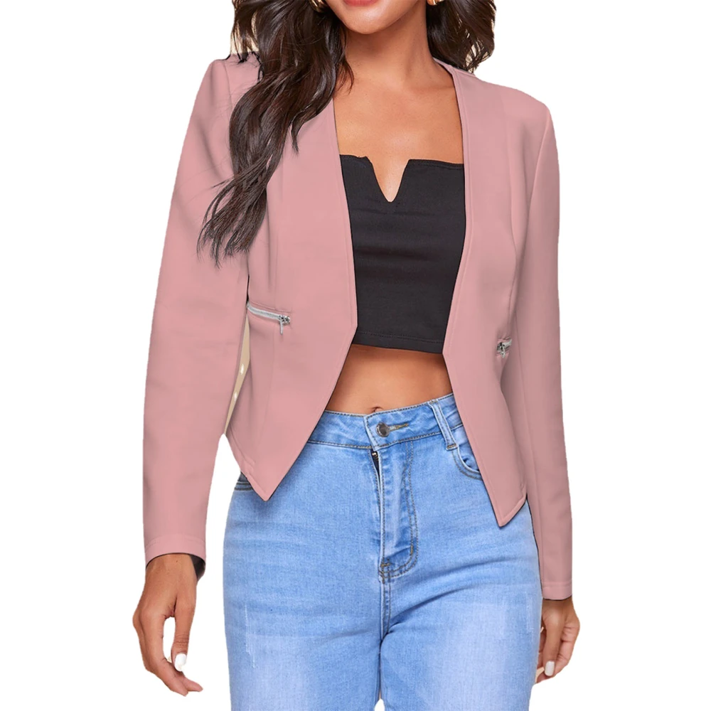 Women Blazer Jackets Elegant Stylish Casual Pure Color Open Front Short Blazers with Pockets Zips for Women Girls Pink 2XL