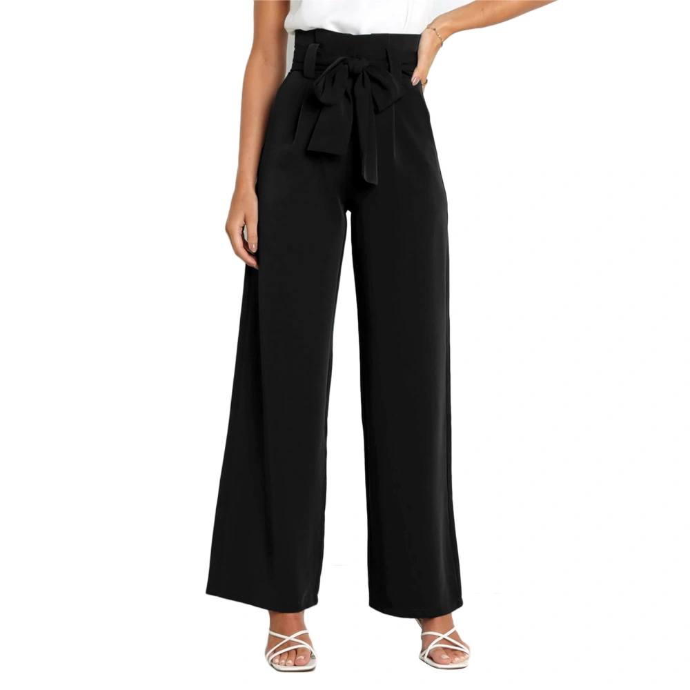 Women Wide Leg Long Pants High Waist Strap Pure Color Breathable Pants for Lady Girls Black L