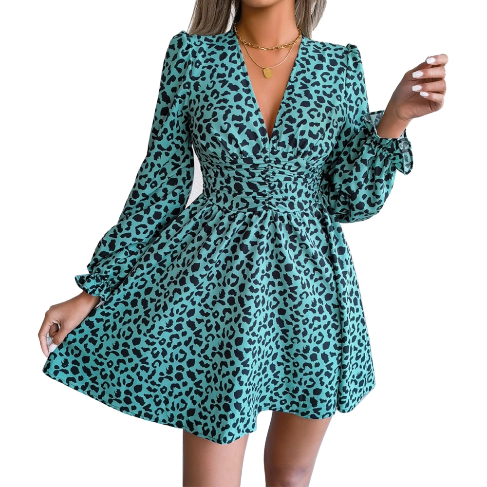 Summer Dress Fashionable V Neck High Waist Long Sleeve Leopard Print Dress for Women Green S